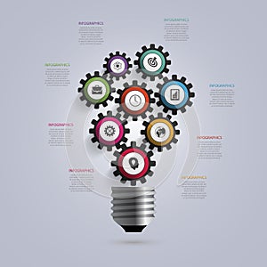 Light Bulb with gears and cogs. Infographic design template. Business concept. Vector illustration