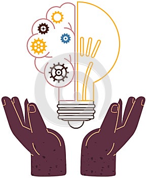 Light bulb with gears between hands. Creation of new idea, problem solving, business solution
