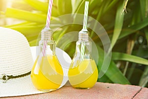 Light Bulb Glass Bottles with Freshly Pressed Orange Tropical Fruits Juice Straw Hat Green Palm Leaves Foliage Background. Sun