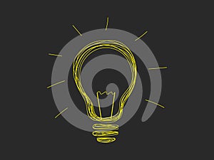 Light bulb glowing in dark abstract sketch icon. Yellow electric light lines with rays on black background new creative idea