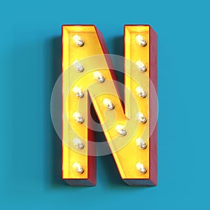 Light bulb glowing font, 3d alphabet character, 3d rendering, letter N