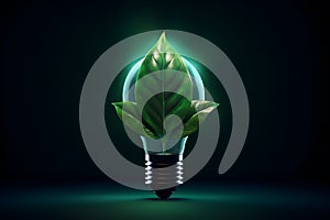 Light bulb glowing with green leaf inside. Green electricity concept. AI Generated