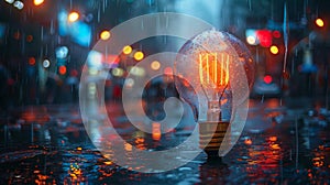 Light bulb glowing on wet pavement in rainy night city, creative concept