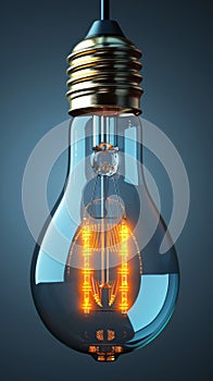 A light bulb with a glowing yellow filament inside of it, AI