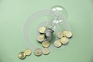 Light bulb and the gold coins on the green background.The concept of energy saving, renewable energy and environmentally friendly