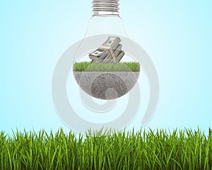 Light bulb with grass and dollars inside on sky background, bright green field around