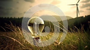 Light bulb on the grass with wind turbines in the background. Alternative energy concept.