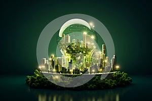 light bulb green eco friendly city, Save energy creative idea concept, ai generative