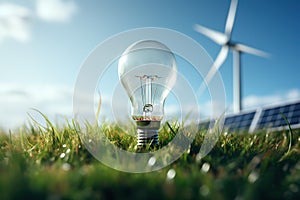 Light bulb on green grass with wind turbines in background.