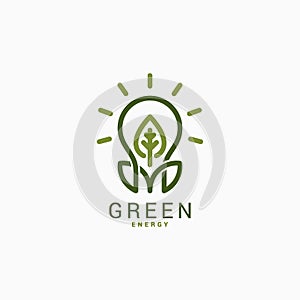 Light bulb with green leaf. Green energy logo.