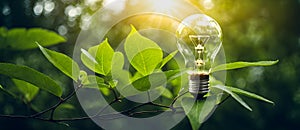 Light bulb on green leaf, symbolizing sustainable development. ecology and clean energy concept