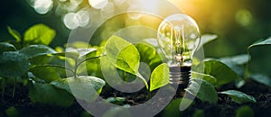 Light bulb on green leaf symbolizing sustainable development and responsible environmental