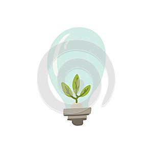 Light bulb with green leaves in it. Doodle style hand drawn zero waste and ecological green energy concept