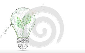 Light Bulb with green plant form lines, triangles and particle style design