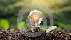 Light bulb and green plants growing from the ground. Energy saving