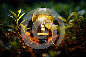 Light bulb and green plants growing from the ground, energy saving and environmental resource conservation concepts, AI Generated