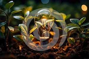 Light bulb and green plants growing from the ground, energy saving and environmental resource conservation concepts, AI Generated