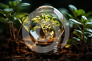 Light bulb with green plants inside and growing from the ground, energy saving and environmental resource conservation concepts,