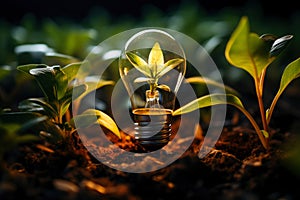 Light bulb with green plants inside and growing from the ground, energy saving and environmental resource conservation concepts,