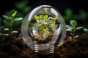 Light bulb with green plants inside and growing from the ground, energy saving and environmental resource conservation concepts,