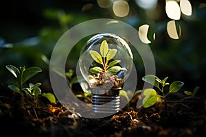 Light bulb with green plants inside and growing from the ground, energy saving and environmental resource conservation concepts,