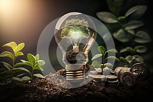 Light bulb with green tree growing inside and coins in soil. Eco concept. Generative AI