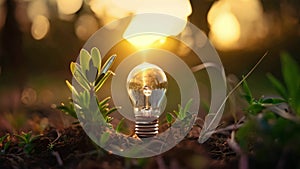 Light bulb on the ground with nature background, concept of idea. Ecological energy concept with a small plant inside of lightbulb