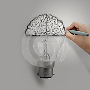 Light bulb with hand drawn brain