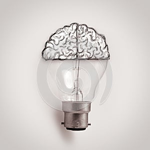 Light bulb with hand drawn brain as creative idea