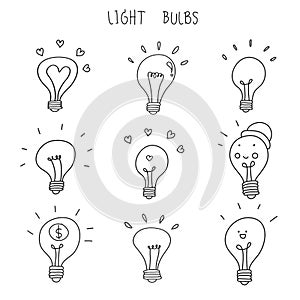 Light bulb hand drawn vector icon set