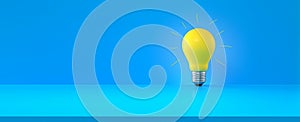 Light bulb with handmade gloss lines on blue background. Panoramic composition with copy space. Creativity, innovation concept. 3d