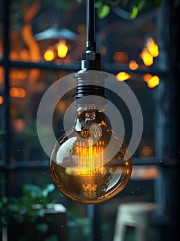 Light bulb is hanging from ceiling with blurred background of cafe