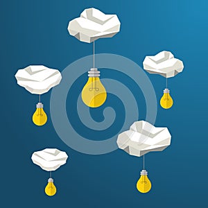 Light bulb hanging from clouds, idea concept. Modern polygonal shapes background, low poly