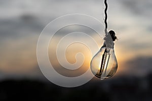 Light bulb hanging by a rope illuminated by the sunset sun in the background of the image