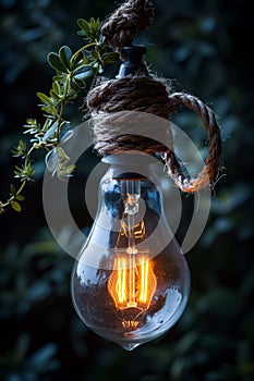 A light bulb hanging from a rope with leaves and vines, AI