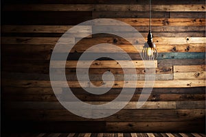 a light bulb hanging from a wooden wall with a wooden floor in front of it and a wooden floor below