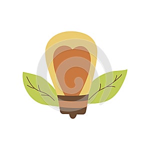 Light bulb with heart inside and leaves. Vector