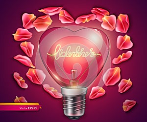 Light bulb heart shaped. Vector realistic 3d illustration. Valentine day card