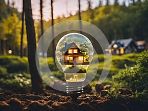 A light bulb with a house inside and trees inside as symbol of green energy. World Earth Day, Environmental Day