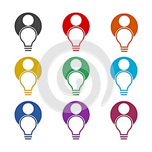 Light bulb and human head icon isolated on white background, color set