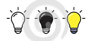 Light bulb icon. Outline, filled outline and color version. Vector thin line illustration symbolizing creativity, ideas, solutions