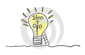 Light bulb icon with staircase vector illustration, yellow color. Concept or creative thinking, doodle hand drawn sign