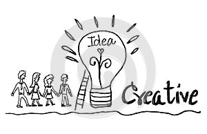 light bulb icon with business man and business woman vector illustration. creative idea concept, teamwork concept