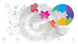 Light bulb Idea connect jigsaw pieces. plan think analyze creative startup business. illustration Creativity modern Concept Vector