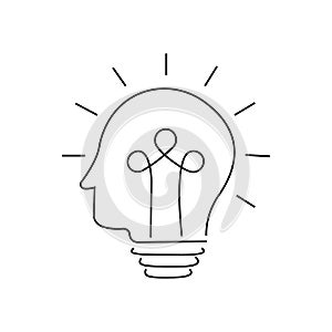 Light bulb idea icon in the shape of a smart human head with spiral thread. Brainstorming concept