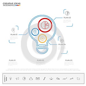 Light bulb idea infographics template with icons and elements. Creative concept.