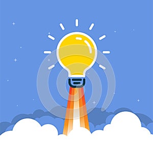 Light bulb idea insight rocket launch concept background. Lightbulb vector design cartoon unique creative idea.
