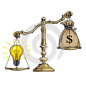 Light bulb idea and money on scales. Vector.