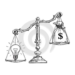 Light bulb idea and money on scales. Vector