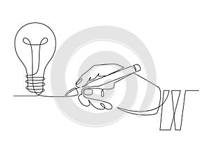 Light bulb idea. Sketch hand with pen drawing one line bulb, invention or creative thinking symbol. New project photo